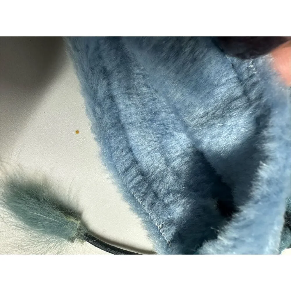 Women’s Faux Suede Fingerless Gloves Sky Blue One Size Rabbit Fur Trim Lace Up